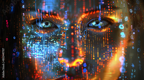 Female face with matrix digital numbers artifical intelligence AI theme with human face. Virtual reality touchscreen digital screen. dark background