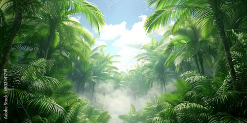 A lush green jungle with a clear blue sky