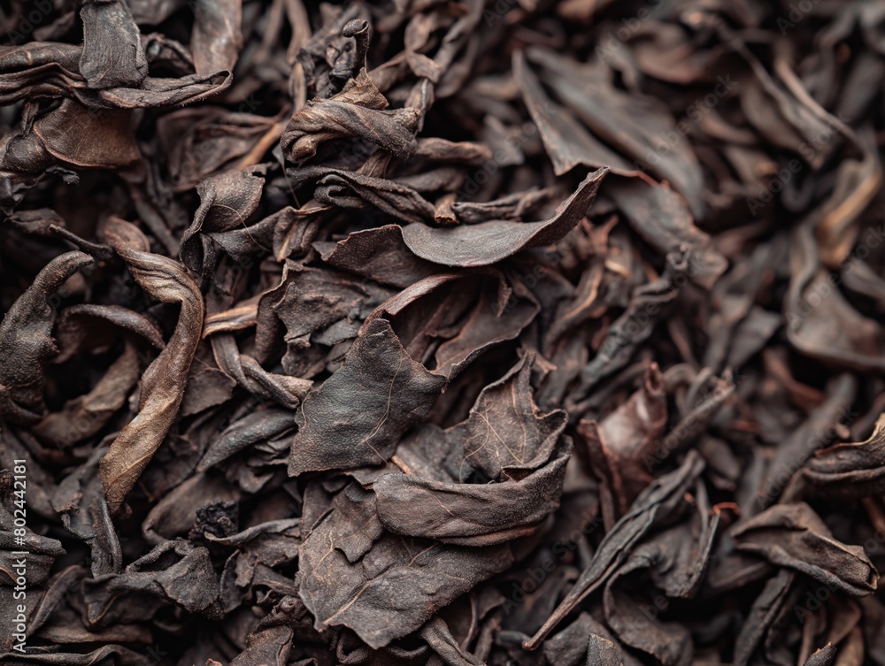 Close-up of crinkled dried black tea leaves, creating a textured organic background.