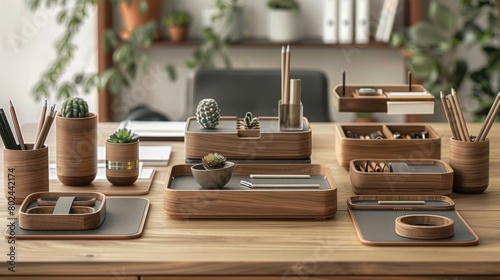 A set of sleek desk organizers and stationery, promoting efficiency and order in a workspace