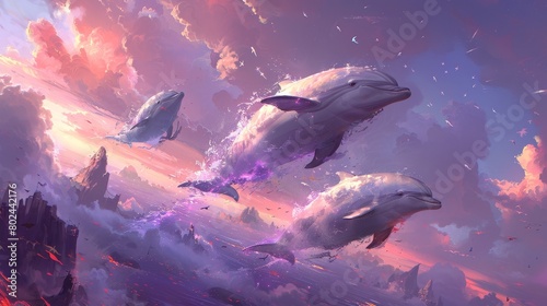 Dolphins leaping in the sunset  a mesmerizing painting of marine mammals in motion