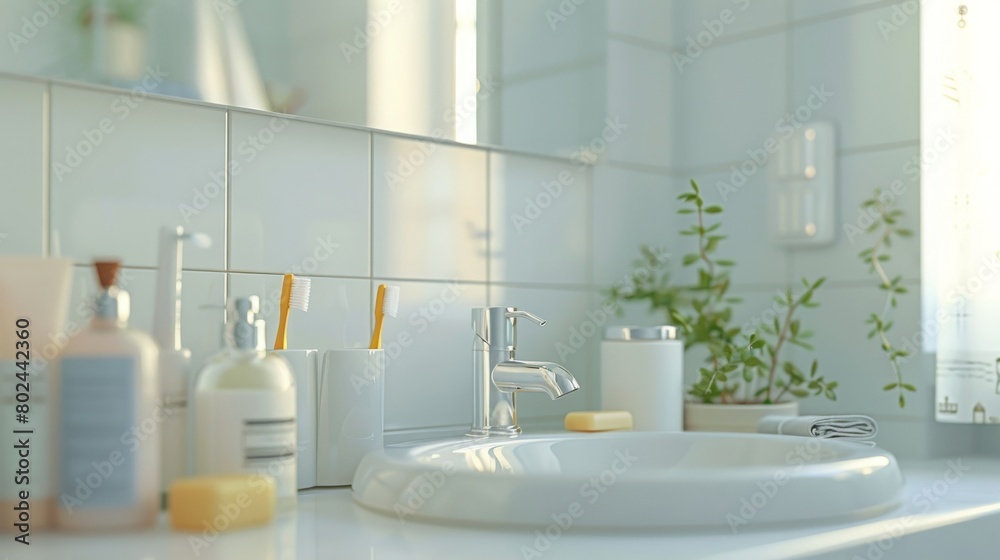 Fototapeta premium A bathroom sink with a white toothbrush, soap, and other toiletries on the counter, 3D illustration.
