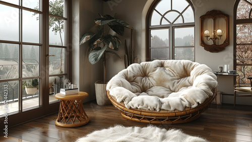 An oversized papasan sofa chair with a plush faux fur cushion, inviting relaxation with its enveloping embrace. photo