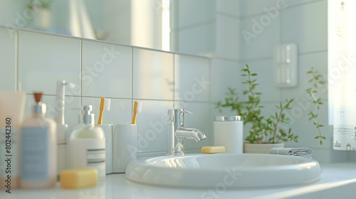 A bathroom sink with a white toothbrush  soap  and other toiletries on the counter  3D illustration.