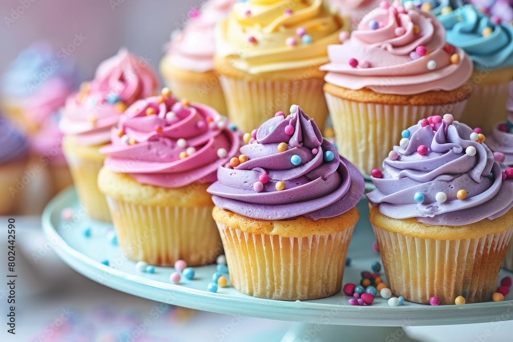 Close-up of delightful display of cupcakes with colorful frosting and sprinkles Close-up of delightful display of cupcakes with colorful frosting and sprinkles
