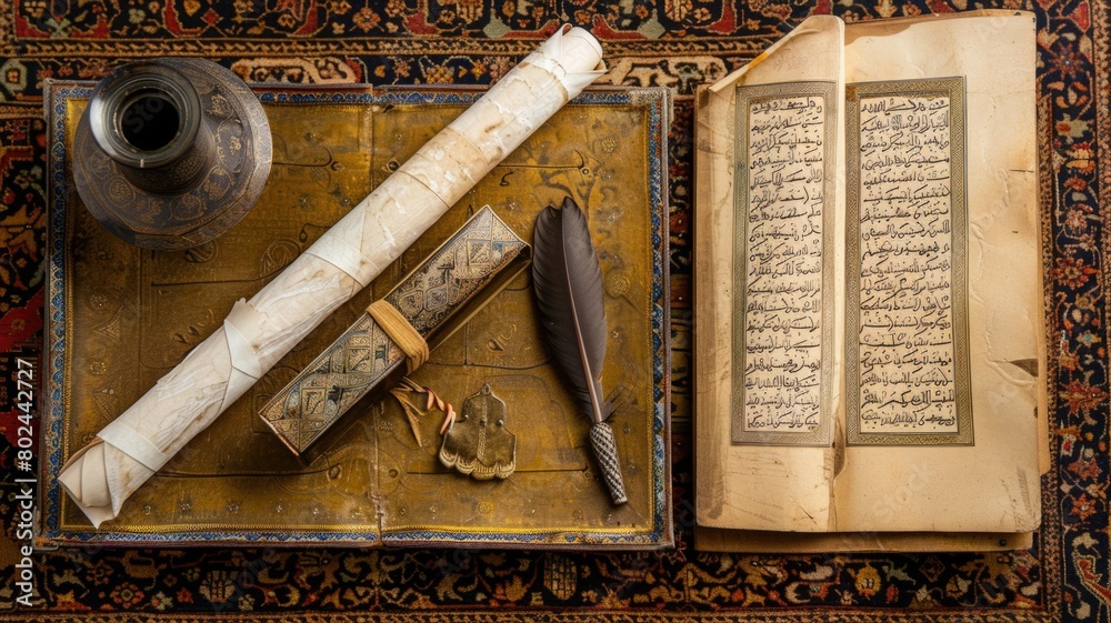 Antique Islamic manuscripts and scrolls, elegantly displayed with a quill and ink set, reflecting the scholarly and religious traditions celebrated during the Islamic New Year