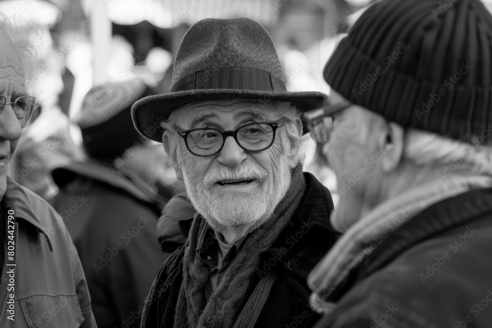 Black and white portrait of an elderly man with glasses and hat.