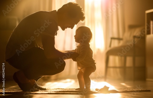 Capture the moment of a father gently supporting his toddler's first steps bathed in soft back light. father-child bond. A young father sitting on the floor. Teaching a toddler to walk. 