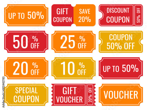 Set of coupons and vouchers for discounts in yellow, red and orange colors isolated on a white background, vector.