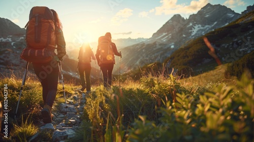 friends hiking together in a scenic mountain landscape, promoting the benefits of outdoor recreation and camaraderie.  photo