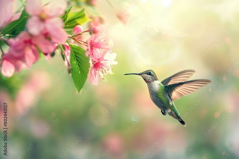 Fototapeta premium Hummingbird hanging in the air near the flower on blurred background