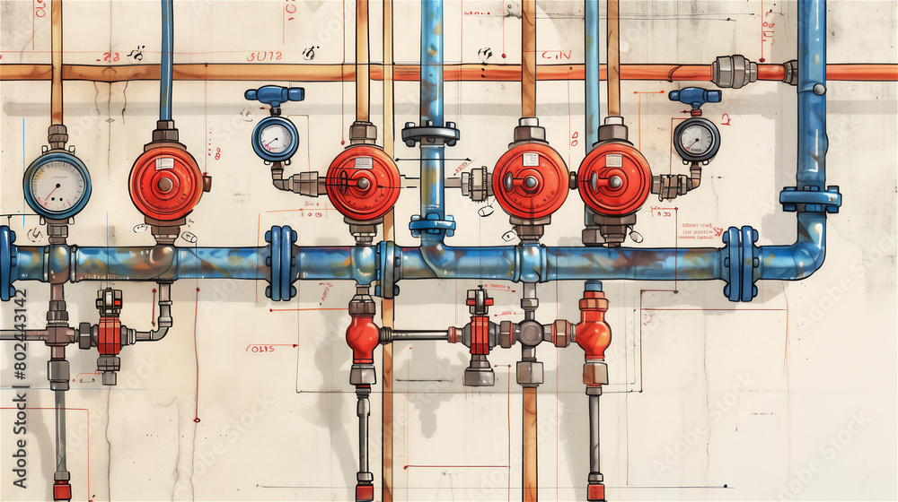 Drawing of pipes and valves industrial installation.