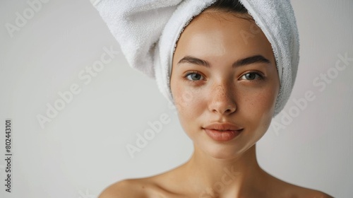 An Asian girl a white background  Wear a white towel  clean skin  clean makeup  neat hair. Real photo Shot in studio
