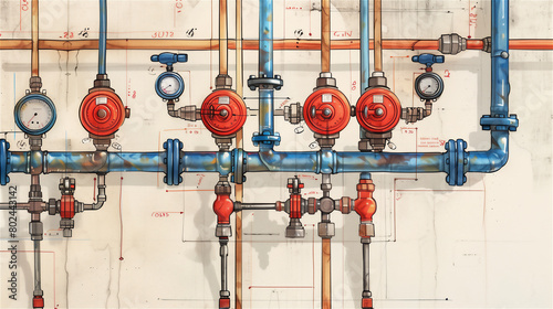 Obraz na płótnie Drawing of pipes and valves industrial installation. w salonie