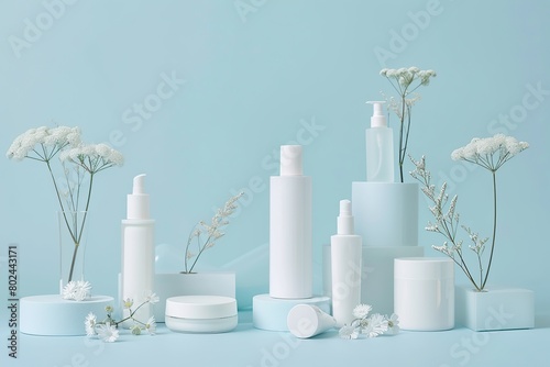 Different blank cosmetic containers with green plants on blue background