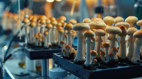 A detailed scientific setting with laboratory equipment and small containers holding amanita mushrooms, emphasizing research