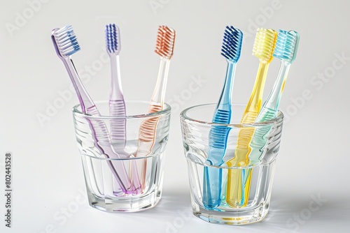 New toothbrushes in glasses on white background