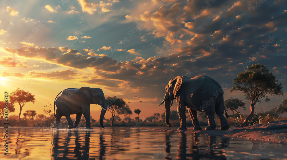 elephants at sunset