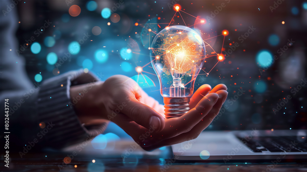 Light bulb in hands, networking concept.