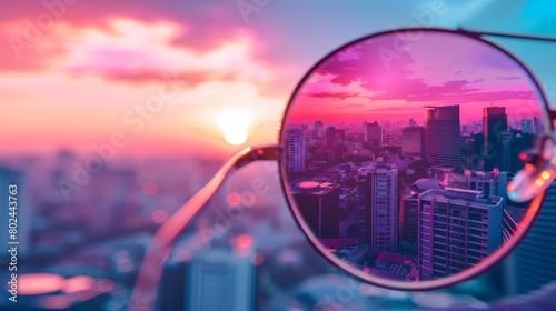 Capture the vibrant city skyline at sunset through the lens of sunglasses. A dynamic concept for urban photography