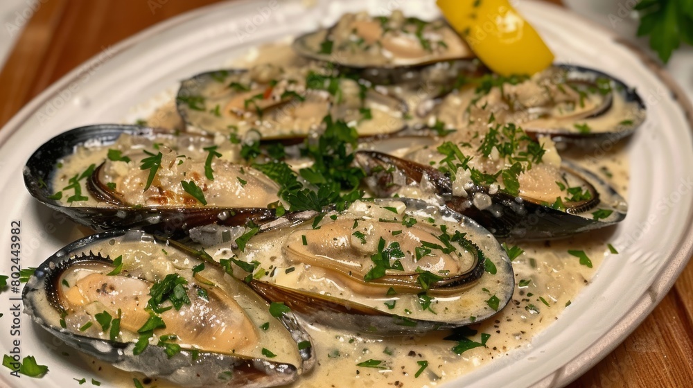 homemade French Mussels in white wine cream sauce with parsley and lemon at the side (Moules Marinières) homemade French Mussels in white wine cream sauce with parsley and lemon at the side (Moules Marinières)