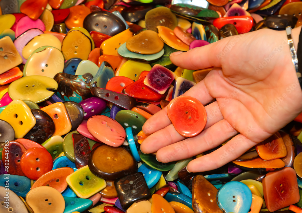 many colored buttons created from the seed of the Tagua plant also known as vegetable ivory and therefore eco-sustainable and a hand