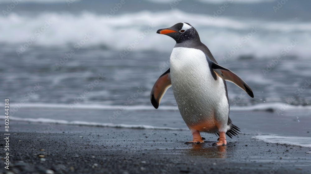 Naklejka premium Gentoo Penguin, coming ashore and walking along a beach. Antarctic Peninsula.
