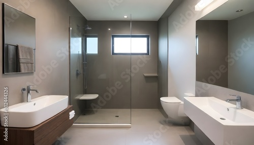 Modern bathroom with shower and washbasin.