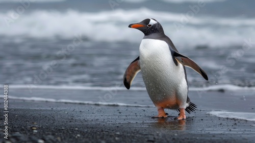Gentoo Penguin, coming ashore and walking along a beach. Antarctic Peninsula. photo