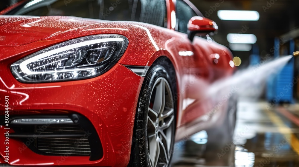 Experienced professional painter applying vibrant red paint to a car body surface Experienced professional painter applying vibrant red paint to a car body surface