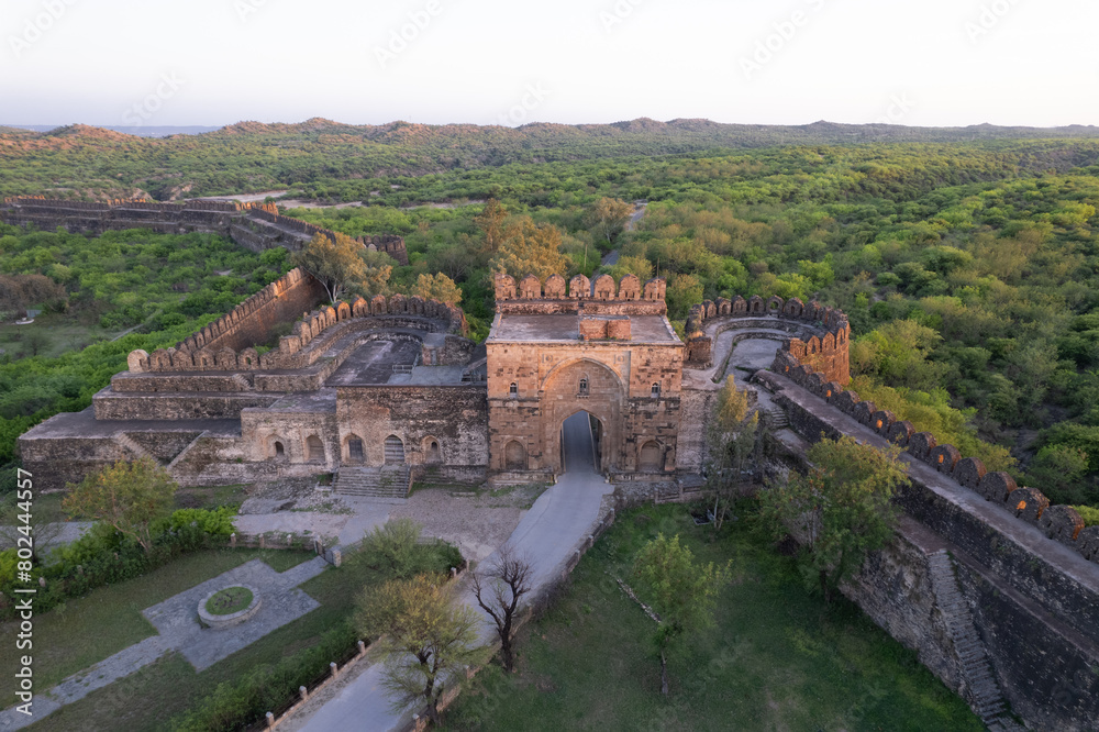 Aerial view of ruins of Rohtas fort Pakistan, The main gate outpost and watch tower.