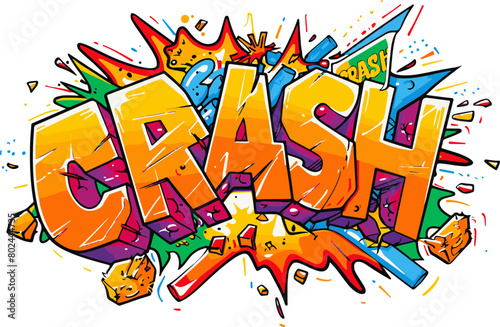 Vibrant  CRASH  text in a comic book explosion style with vivid splashes  suitable for dynamic and impactful visuals.