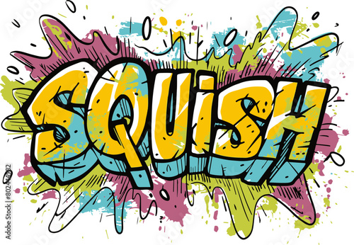 Capture the essence of comic book action with this 'SQUISH' illustration, featuring a colorful and energetic explosion background, great for dynamic designs and creative projects.