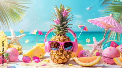 Cheerful funny pineapple wearing headphones and sunglasses surrounded by beach accessories and summer items, vacations and party concept