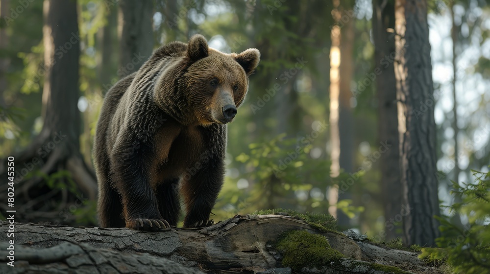 Fototapeta premium European brown bear ursus arctos close up in spruce forest walking on fallen tree trunk during summer.