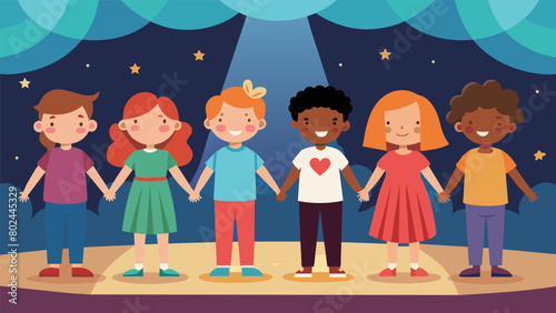 On a large stage a group of children from different ethnicities and backgrounds hold hands as they recite a poem they wrote together about the beauty. Vector illustration photo