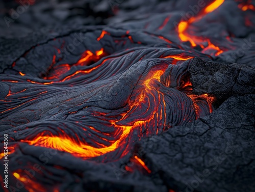Close-up of molten lava with glowing red and orange streams amongst cooled black rock.