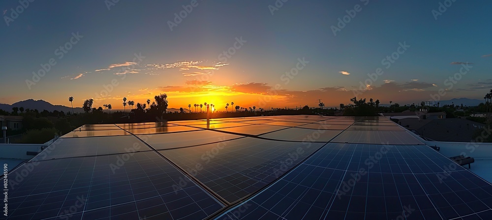 Solar panel on beautiful sunset background. Green grass and cloudy sky. Alternative energy concept.