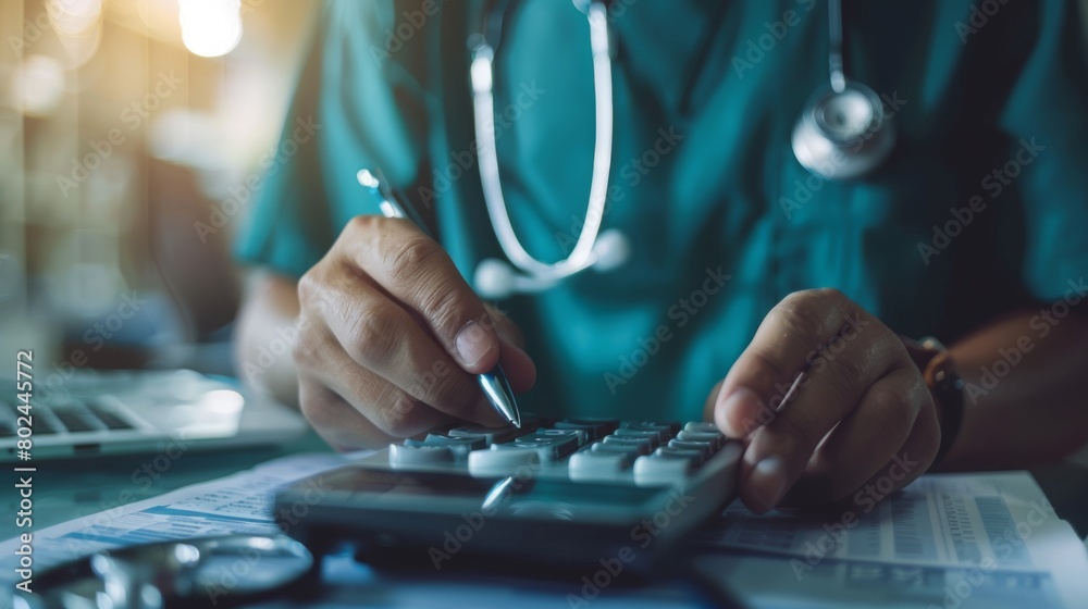 Fototapeta premium Doctors use a service fee calculator to save money on health insurance, drug cost concepts.