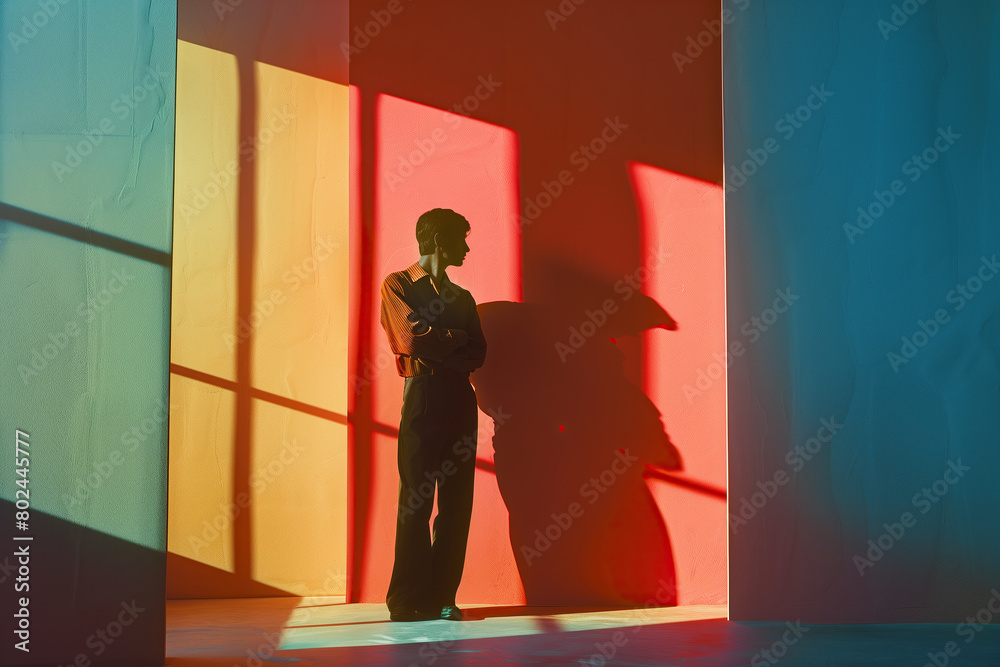 Modern interior design concept. Full length portrait of handsome man standing in a room with colourful walls. Vibrant shades. Concentrated sunlight. Text space. Indoor shot Modern interior design concept. Full length portrait of handsome man standing in a room with colourful walls. Vibrant shades. Concentrated sunlight. Text space. Indoor shot