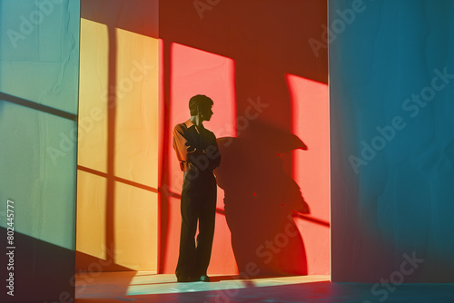 Modern interior design concept. Full length portrait of handsome man standing in a room with colourful walls. Vibrant shades. Concentrated sunlight. Text space. Indoor shot © Augustino