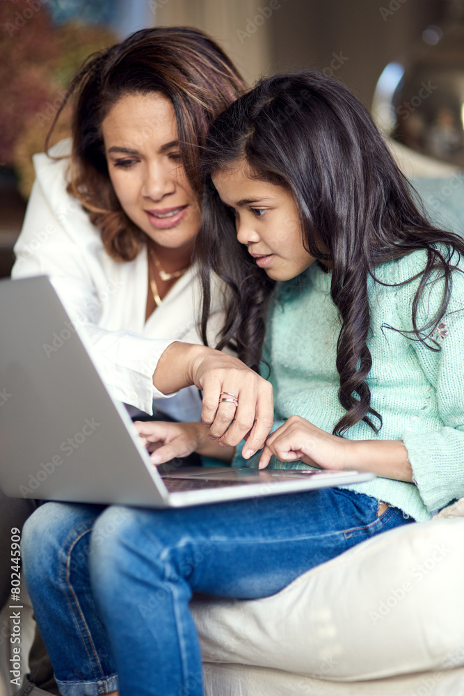 Education, family and mother with daughter on laptop for child development, learning or study in home. Computer, help or support and woman single parent helping girl kid with school homework