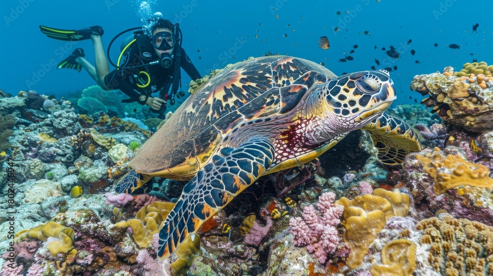 Female scuba diver taking a photo of Hawksbill Turtle swimming over coral reef in the blue sea. Marine life and Underwater world concepts
