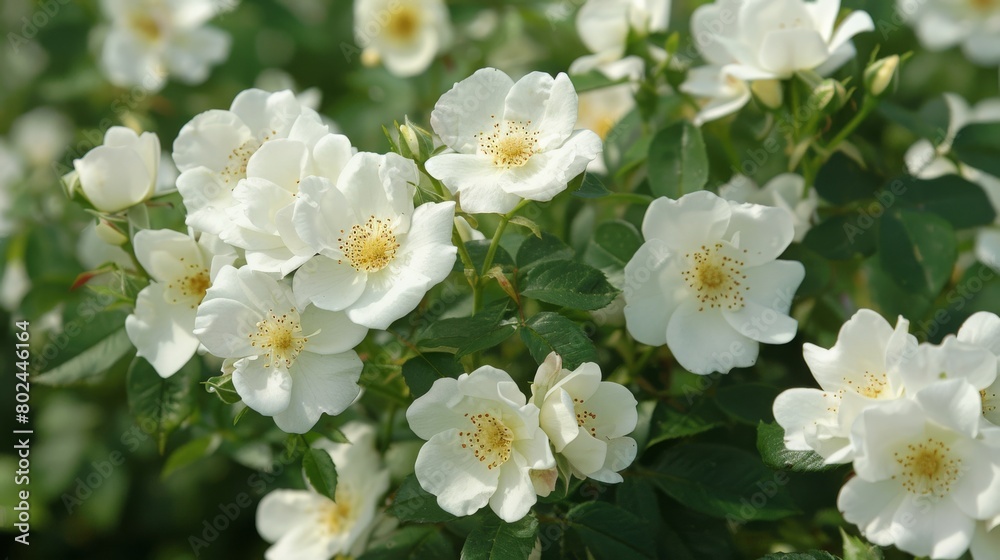 Close-up shot of the miniature rose 'White bells' flowering with white flowers with creamy yellow centers in the paark in summer Close-up shot of the miniature rose 'White bells' flowering with white flowers with creamy yellow centers in the paark in summer