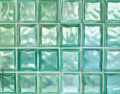 Glass blocks background. Glass block wall texture in light blue and green color, retro style