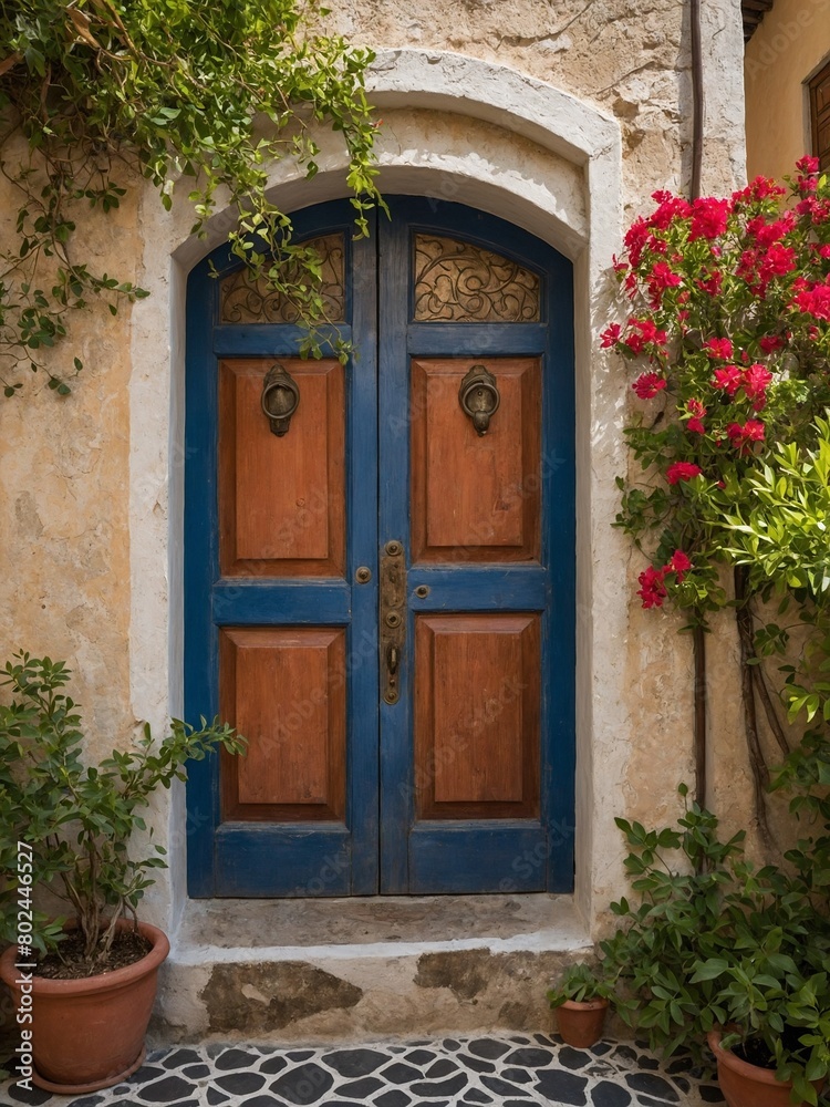 Rustic, charming doorway stands adorned with mix of nature, artistry. Door, blue, brown, marked by time, serves as centerpiece, surrounded by aged wall. Nearby, greenery, blooming red flowers cascade.
