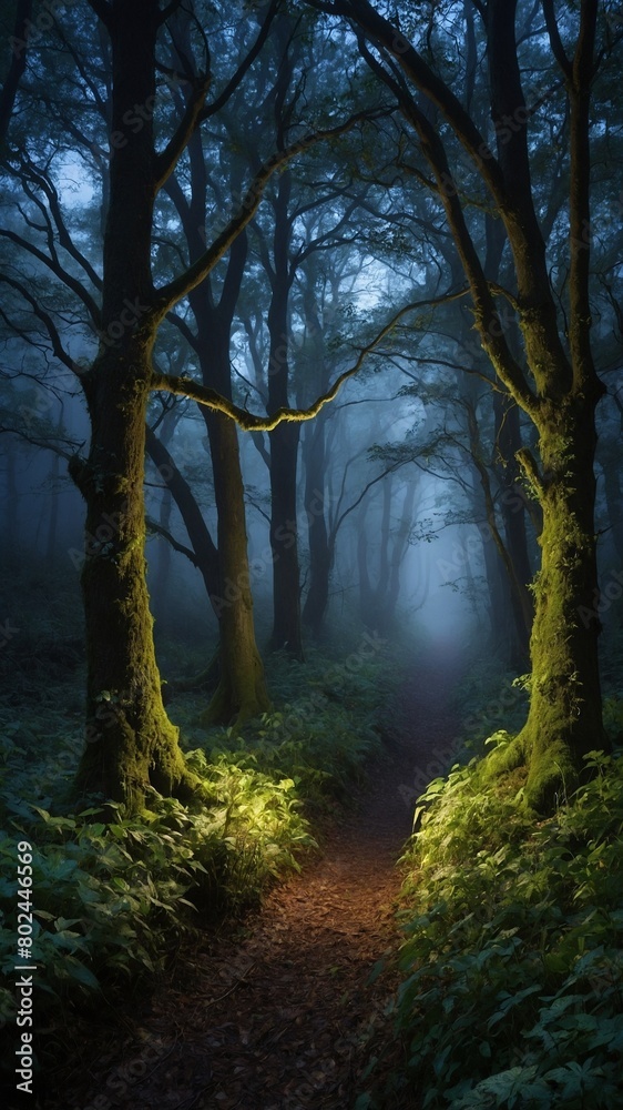 Narrow path winds through mystical forest, where dense fog diffuses light, casting ethereal glow that illuminates verdant undergrowth, moss-covered trees. Towering trees, their branches intertwined.