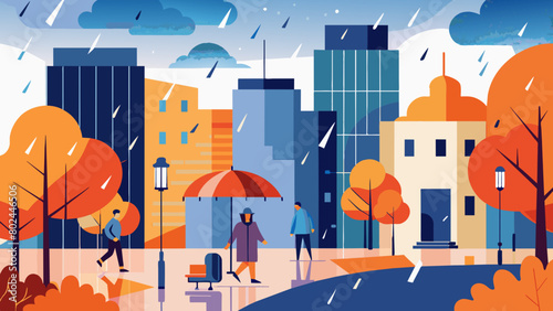 Autumn Rain in the City: Colorful Urban Life Under Showers