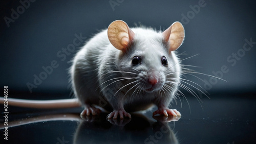 A white mouse with brown ears sits on a reflective surface.