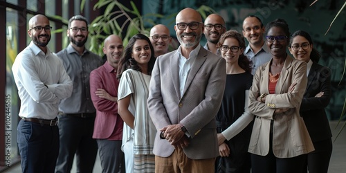 A diverse and smiling business team led by a confident chief stands together indoors.